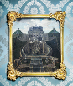 Idealansicht: Oktogon, Pangrotte, Riesenkopfbecken mit Fontäne und Kaskadenbeginn