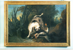 Pinscher mit Ente in Landschaft