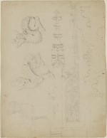 Lübeck, St. Marien, Schonenfahrergestühl, Detailskizzen, Vorder- und Seitenansicht, Schnitt