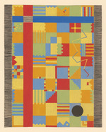 Teppichentwurf, Gelb- und Orangefarbene Quadrate, schwarzer Kreis