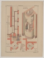 Studienblatt einer Wendeltreppe, Isometrie, Schnitt, Konstruktionszeichnung