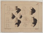 Studienblatt mit Schattierungsmustern von Körpern, perspektivische Ansicht, Draufsicht, Schnitt, Konstruktionszeichnung