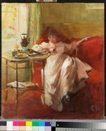 Siesta, lesende Dame auf rotem Sofa