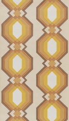 1970er: Prägetapete, mit großflächigem Rautenmotiv in Orange, Gelb und Braun, Dessin Nr. 8548 "maya" aus der Kollektion "International"