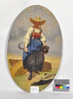 Füllstück mit Schnitterin auf dem Feld