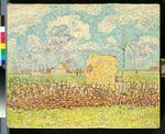 Sonnige Landschaft mit Strohschober