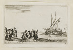 Ruderboot mit Menschen und Galere im Hintergrund