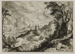 Berglandschaft mit einer Stadt am Fluss, im Vordergrund Viehhirten