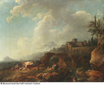 Ruhende Herde am Flussufer in südlicher Landschaft