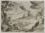 Felsige Küstenlandschaft mit Hafen und Segelboot im Vordergrund