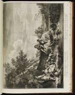 Landschaft mit Schafhirten bei einem Wasserfall
