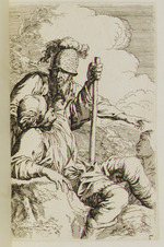 Auf einem Felsen sitzender Mann mit Stab, dahinter ein Soldat und ein weiterer Mann