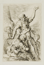 Vier Soldaten mit Schilden und Fahne