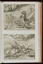 102 | 1 / 2 | Les mariniers jettent Jonas dans la mer (Jon. I, 15) en bas: Ecce Amithaonidem etc. / le poisson dégorge Jonas sur le ravage (Jon. II, 11.) en bas: Imanis Jonam etc.