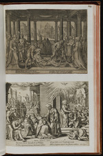 142 | 11 / 12 | Estienne enseveli (Actor. VIII, 2.) en bas: Obrutus insanis etc. / Philippe prêche dans Samarie (Act. VIII, 5) en bas: Spiritus etherea etc.