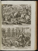 52 | 5. la Chasse aux Cerfs; avec les vers: Veloces jaculo – / arduus agro / 6. ______; avec les vers: Ut timidae – / divite praeda | Jo. Stradanus | Car. Collaert.