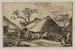 Bauernhäuser mit Bauernpaar rechts im Vordergrund