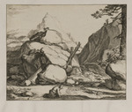 Gebirgslandschaft mit aus einem Gewässer trinkender Frau
