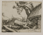 Landschaft mit Hütte und zwei Holzfällern