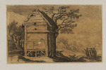 Landschaft mit Scheune und drei Wanderern