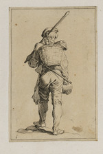 Junger Bauer mit Korb und Axt, in Rückansicht
