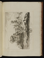 Landschaft mit Kirchenruine und zwei liegenden Kühen im Vordergrund