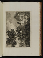 Landschaft mit einem großen Baum links im Vordergrund und einem Dorf mit mehreren Personen im Hintergrund