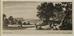 Landschaft mit Gewässer, mehreren Personen und Entenjäger links im Hintergrund