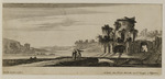 Landschaft mit Gewässer, mehreren Personen und Ruine rechts im Vordergrund