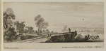 Landschaft mit Gewässer, mehreren Personen und Ruine links im Hintergrund