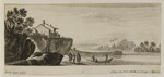 Landschaft mit Gewässer, mehreren Personen und Haus auf einem Felsen