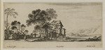 Landschaft mit Haus an einem See und zwei Personen links im Vordergrund