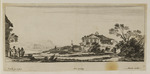 Landschaft mit Kirche, Brücke über einen Fluss und vier Personen links im Vordergrund