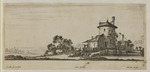 Landschaft mit Haus, Turm und wasserschöpfendem Mann an einem Fluss