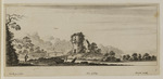 Landschaft mit Haus, Turm, zwei Brücken und Mann mit Hund links im Vordergrund