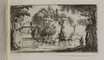 Landschaft mit Kloster auf einer Felseninsel und angelndem Mönch