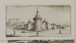 Befestigte Stadt mit Wassergraben und drei Soldaten im Vordergrund