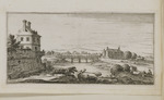 Flusslandschaft mit Brücke, Häusern und Entenjäger