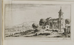 Landschaft mit Kirche und Dorf mit Brücke im Hintergrund
