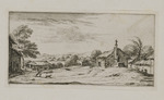 Landschaft mit Häusern und vor einem Kreuz betendem Mann