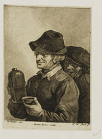 Frau mit Flasche und Glas, dahinter ein Mann