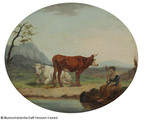Landschaft mit Kühen und Spinnerin