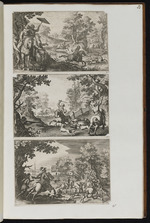 52.53. | Sechs numerirte kleine Jagd= Vogel= und Fischfang= Stücke | Matth: Merian | Pet. Aubrÿ.