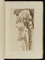 Landschaft mit Türmen, im Vordergrund rechts drei Figuren, von denen eine ein Bündel auf dem Rücken trägt