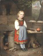 Bauernmädchen mit Zwetschenkuchen am Backhaus