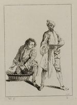 Junger Mann, zwei Flaschen aus einem Korb holend, und schwarzer Junge mit Tablett