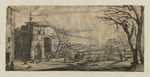 Landschaft mit Tor, Heuwagen und Holzfäller in einem Baum