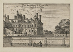 Ansicht des Gebäudeflügels des Fontänenhofes und des Gartens am Teich