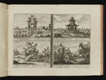 Ein Triumphbogen, eine Pagode, Luftberge und eine Hängebrücke in China