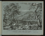 Landschaft mit einem Mann, der sein Pferd über eine Brücke führt